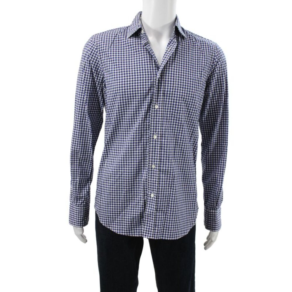 Aspesi Mens Cotton Checkered Print Long Sleeve Button-Down Shirt Blue Size 40